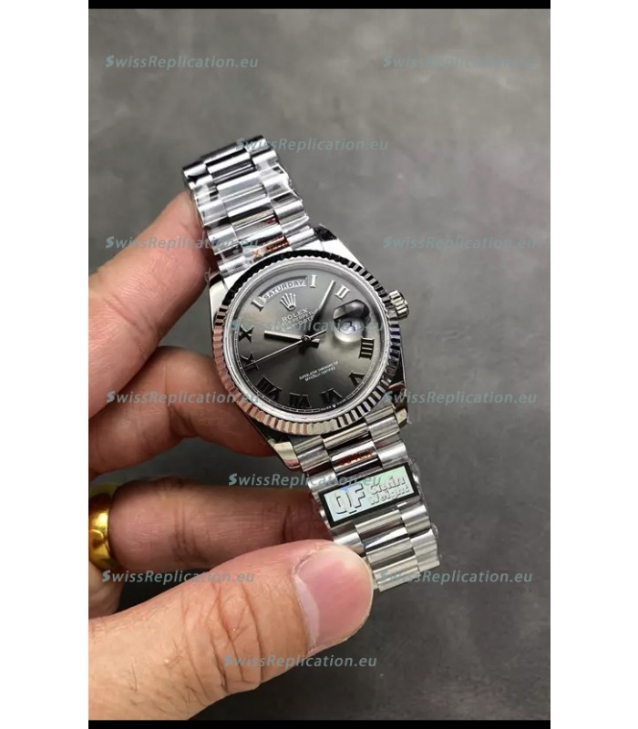 Rolex Day Date Super Clone Stainless Steel Grey Dial Roman Numerals Watch 36MM - 1:1 Mirror Quality
