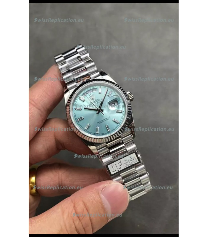 Rolex Day Date Super Clone Stainless Steel Ice Blue Dial Crystal Numerals Watch 36MM - 1:1 Mirror Quality
