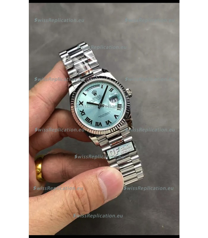 Rolex Day Date Super Clone Stainless Steel Ice Blue Dial Roman Numerals Watch 36MM - 1:1 Mirror Quality