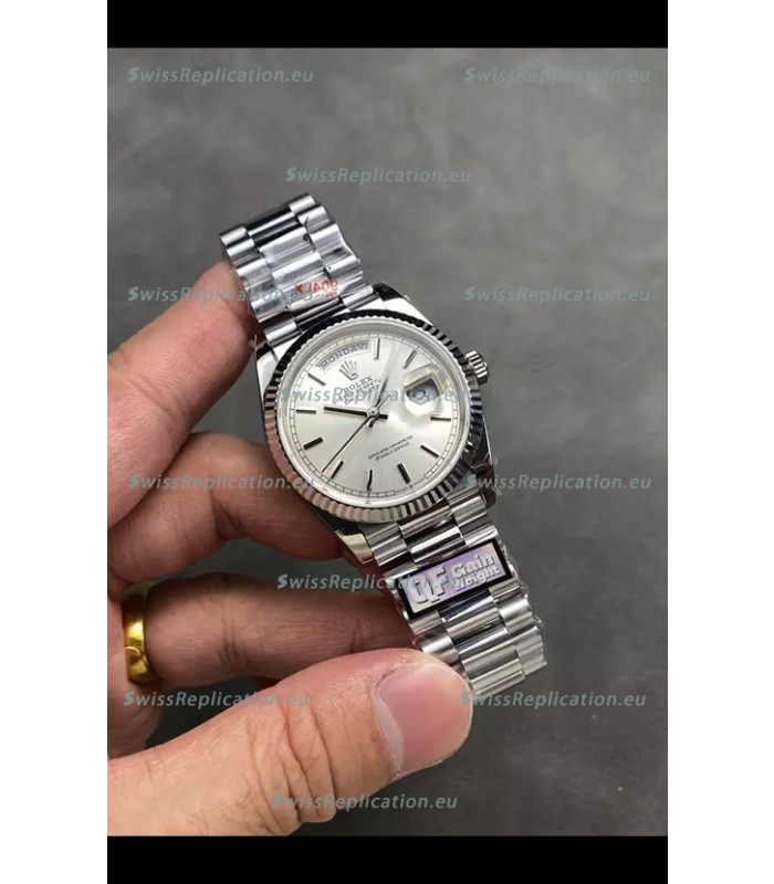 Rolex Day Date Super Clone Stainless Steel Silver Dial Steel Numerals Watch 36MM - 1:1 Mirror Quality