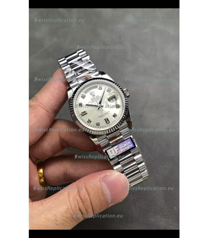 Rolex Day Date Super Clone Stainless Steel Silver Dial Diamonds Numerals Watch 36MM - 1:1 Mirror Quality