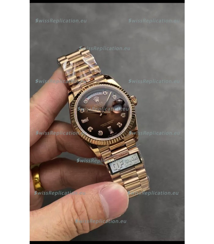 Rolex Day Date Super Clone Rose Gold Brown Dial Diamonds Numerals Watch 36MM - 1:1 Mirror Quality