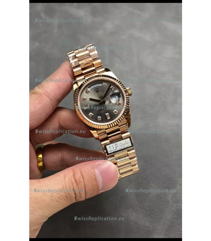Rolex Day Date Super Clone Rose Gold Grey Dial Diamonds Numerals Watch 36MM - 1:1 Mirror Quality