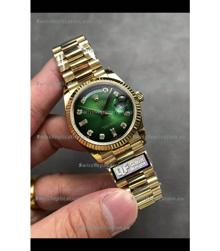 Rolex Day Date Super Clone Yellow Gold Green Dial Diamonds Numerals Watch 36MM - 1:1 Mirror Quality
