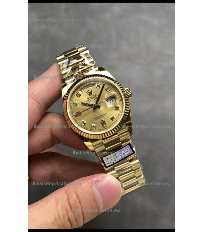Rolex Day Date Super Clone Yellow Gold Casing and Dial Diamonds Numerals Watch 36MM - 1:1 Mirror Quality