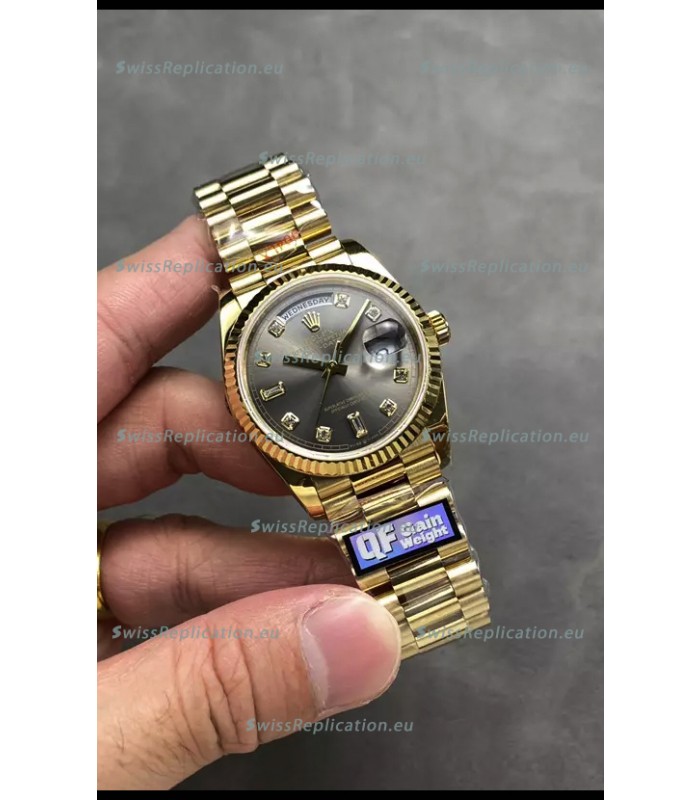 Rolex Day Date Super Clone Yellow Gold Grey Dial Diamonds Numerals Watch 36MM - 1:1 Mirror Quality