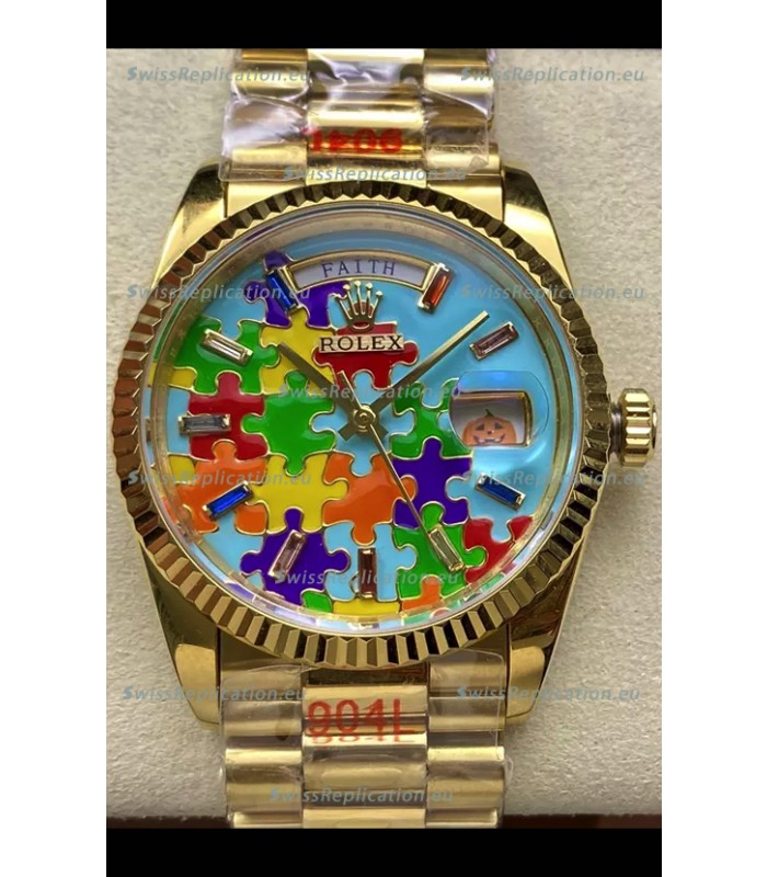 Rolex Day Date Emoji Jig-Saw Puzzle Yellow Gold Casing Swiss Replica Watch 