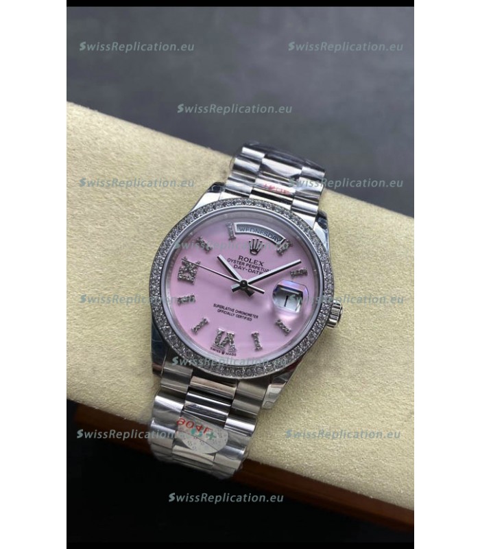 Rolex Day Date Super Clone Stainless Steel Pink Dial Diamonds Numerals Watch 36MM - 1:1 Mirror Quality