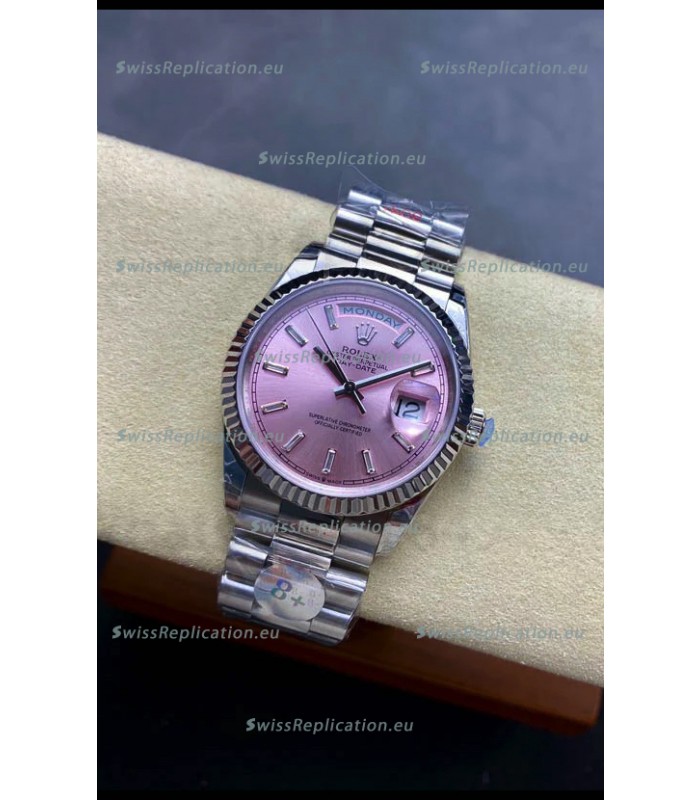 Rolex Day Date Super Clone Stainless Steel Pink Sunburst Dial Crystal Numerals Watch 36MM - 1:1 Mirror Quality