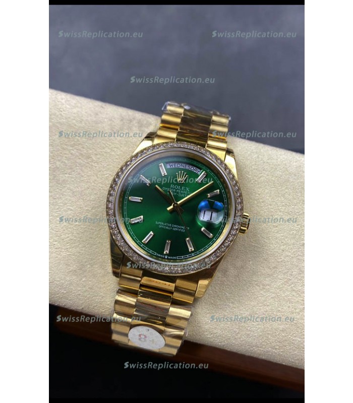 Rolex Day Date Super Clone Yellow Gold Green Dial Crystal Numerals Watch 36MM - 1:1 Mirror Quality