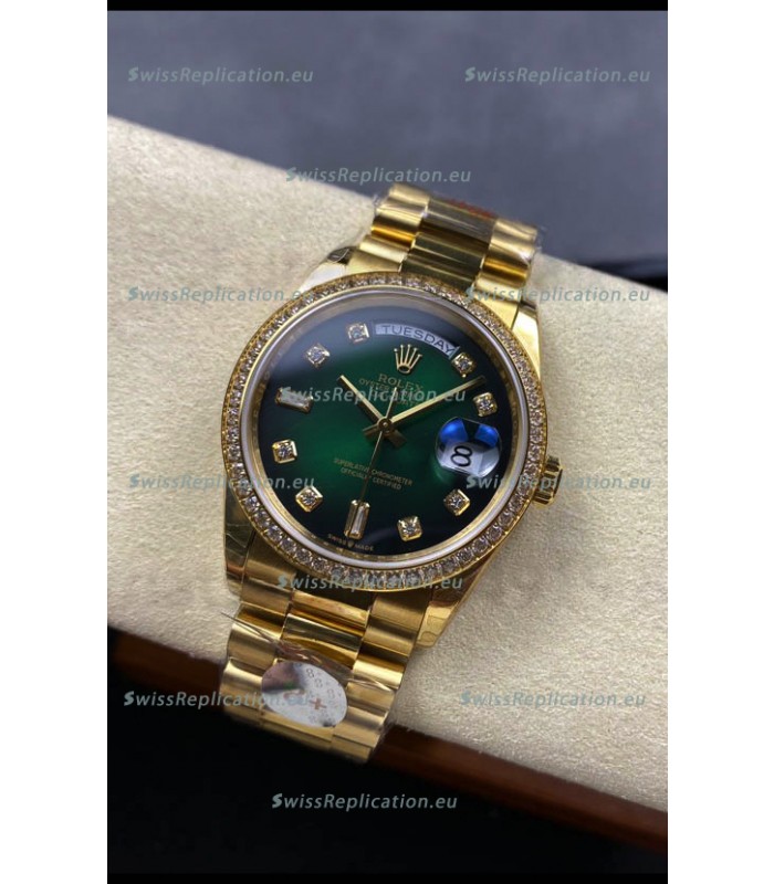Rolex Day Date Super Clone Yellow Gold Green Dial Diamonds Numerals Watch 36MM - 1:1 Mirror Quality
