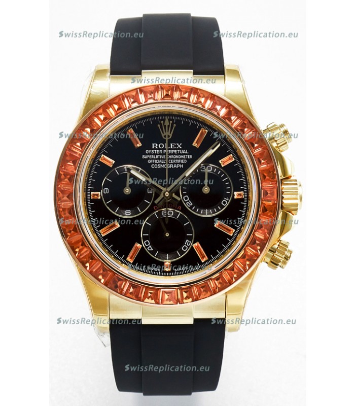 Rolex Daytona Super Clone Daytona Yellow Gold Casing Black Dial with Sapphires Bezel 
