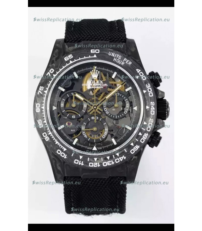 Rolex Daytona Super Clone DiW Skeleton Carbon Edition Watch - Forged Carbon Casing Black Strap 1:1 Mirror Replica