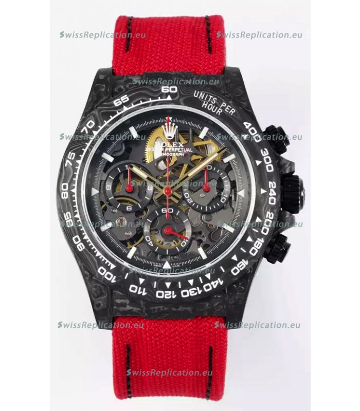 Rolex Daytona Super Clone DiW Skeleton Carbon Edition Watch - Forged Carbon Casing Red Strap 1:1 Mirror Replica