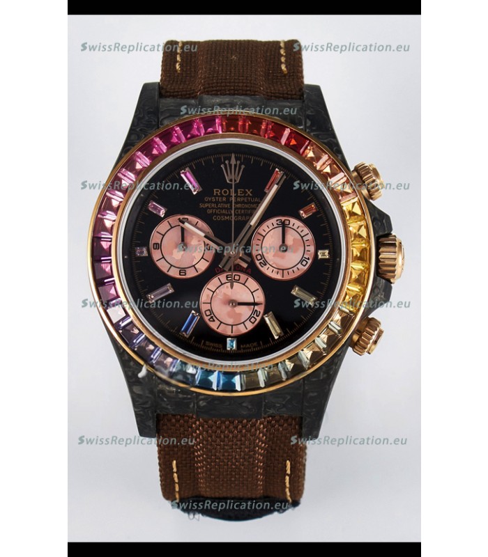Rolex Daytona Super Clone DiW Carbon Edition Rainbow Bezel - Forged Carbon Casing Khaki Strap 1:1 Mirror Replica