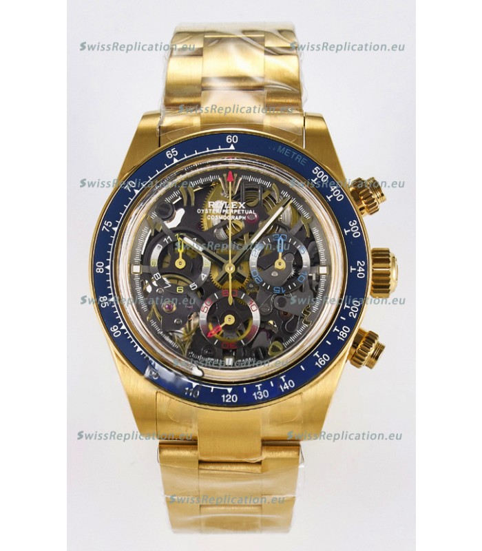 Rolex Daytona Super Clone Artisans De Geneve Yellow Gold Watch Blue Bezel Skeleton Watch 