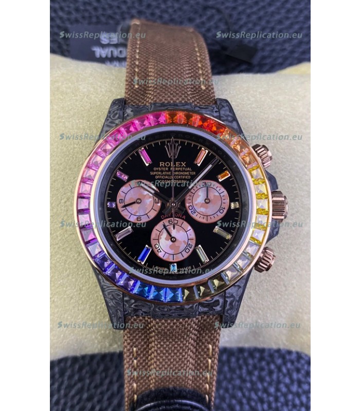 Rolex Daytona DiW Carbon Edition Rainbow Bezel - Forged Carbon Casing Khaki Strap 1:1 Mirror Replica