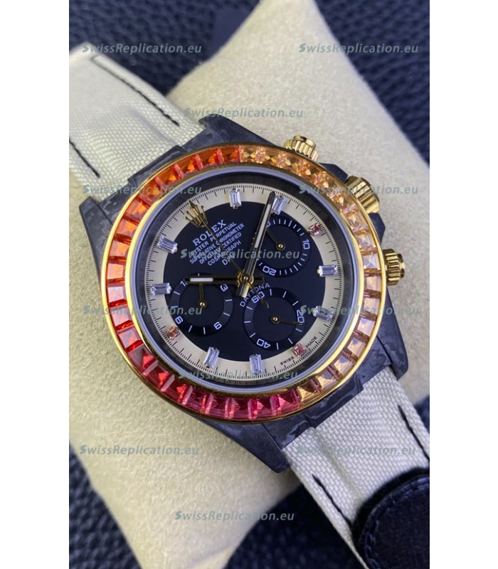 Rolex Daytona DiW Carbon Edition Rainbow Bezel - Forged Carbon Casing Beige Strap 1:1 Mirror Replica