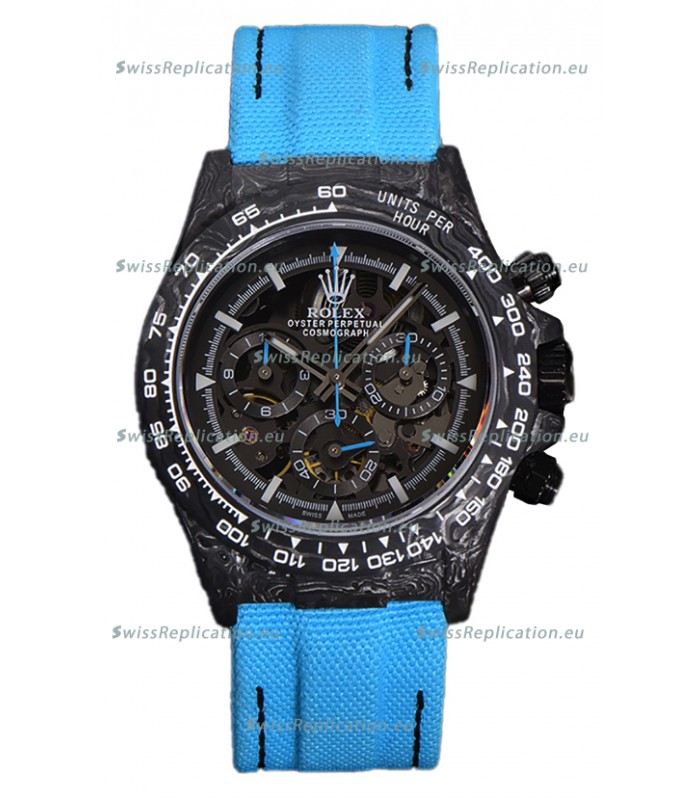 Rolex Daytona DiW Skeleton Carbon Edition Watch - Forged Carbon Casing Blue Strap 1:1 Mirror Replica