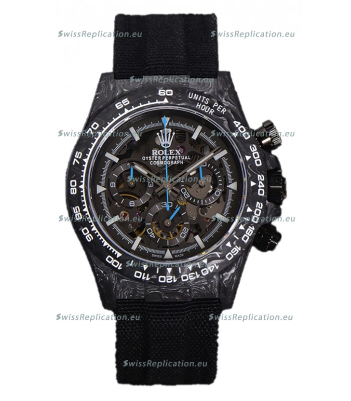 Rolex Daytona DiW Skeleton Carbon Edition Watch - Forged Carbon Casing Black Strap 1:1 Mirror Replica