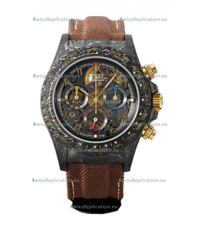 Rolex Daytona DiW Skeleton Carbon Edition Watch - Forged Carbon Casing Brown Strap 1:1 Mirror Replica