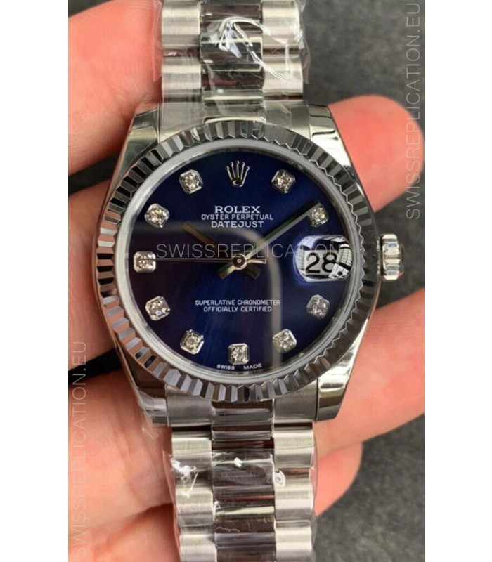 Rolex Datejust 31MM ETA-2671 Movement Swiss Replica in 904L Steel in Blue Dial 