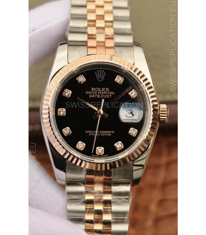 Rolex Datejust 36MM ETA-3135 Movement Swiss Replica in 904L Two Tone Black Dial