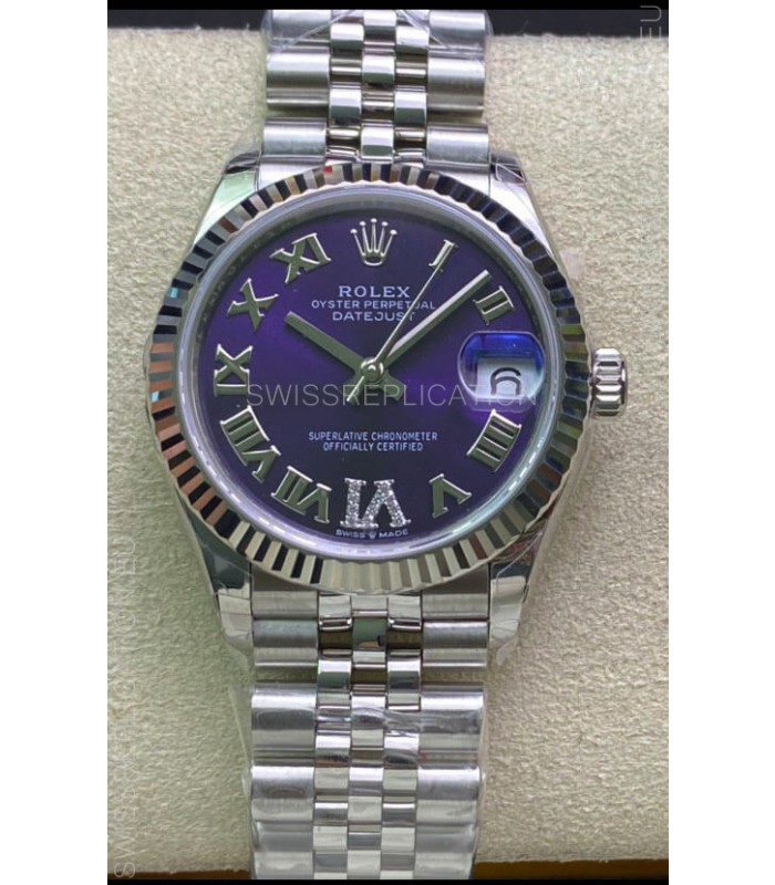 Rolex Datejust 31MM ETA-2671 Movement Swiss Replica in 904L Steel Purple Dial 