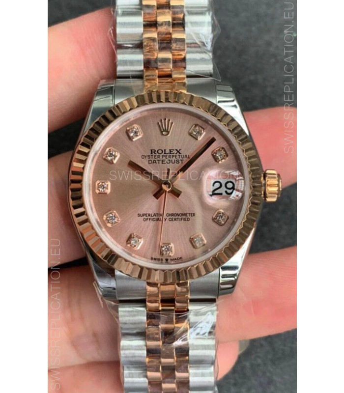 Rolex Datejust 31MM ETA-2671 Movement Swiss Replica in 904L Two Tone Rose Gold in Gold Dial
