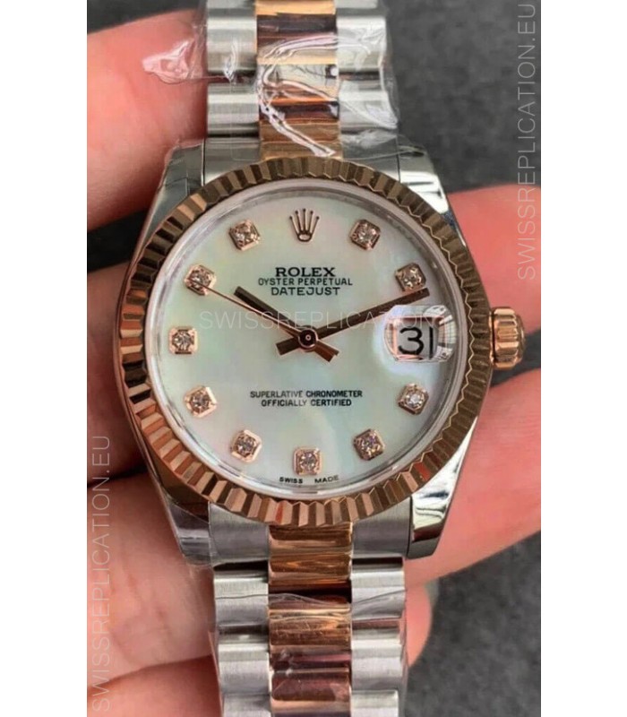 Rolex Datejust 31MM ETA-2671 Movement Swiss Replica in 904L Steel in Pearl Dial Oyster Strap