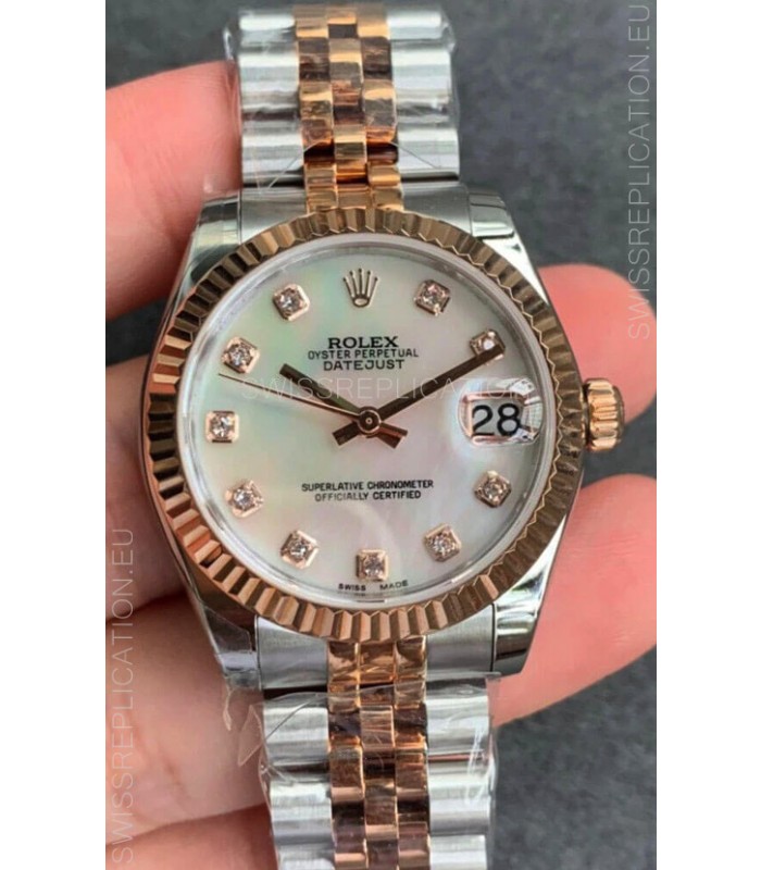 Rolex Datejust 31MM ETA-2671 Movement Swiss Replica in 904L Two Tone Rose Gold in Pearl Dial