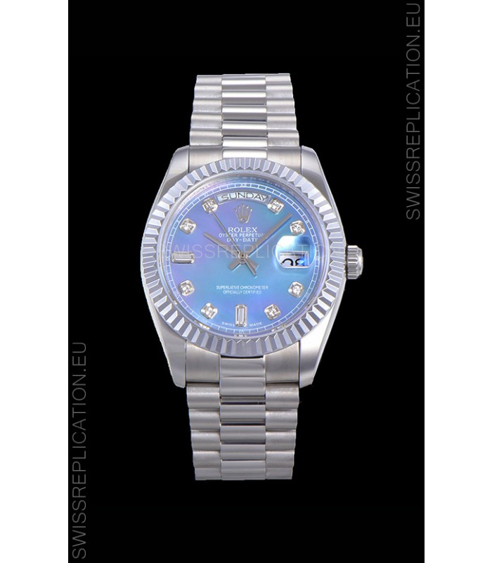 Rolex Day Date Watch in Blue Dial with Diamonds Hour Numerals ETA Movement - 904L Steel 
