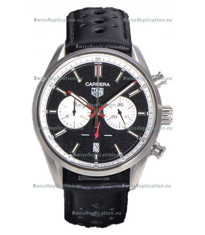 Tag Heuer Carrera Chronograph 43 Swiss Quartz Replica Watch Black Dial Leather Strap 