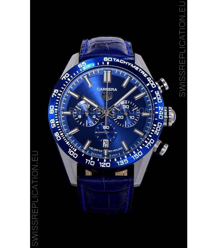 Tag Heuer Carrera Swiss Quartz Movement Replica Watch in Blue Dial - Blue Leather Strap