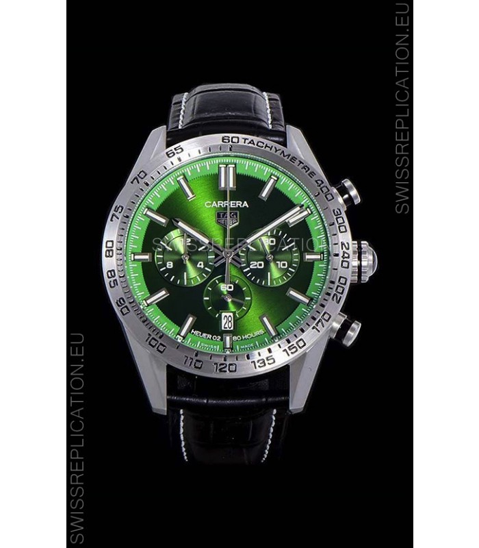 Tag Heuer Carrera Swiss Quartz Movement Replica Watch in Green Dial - Black Leather Strap