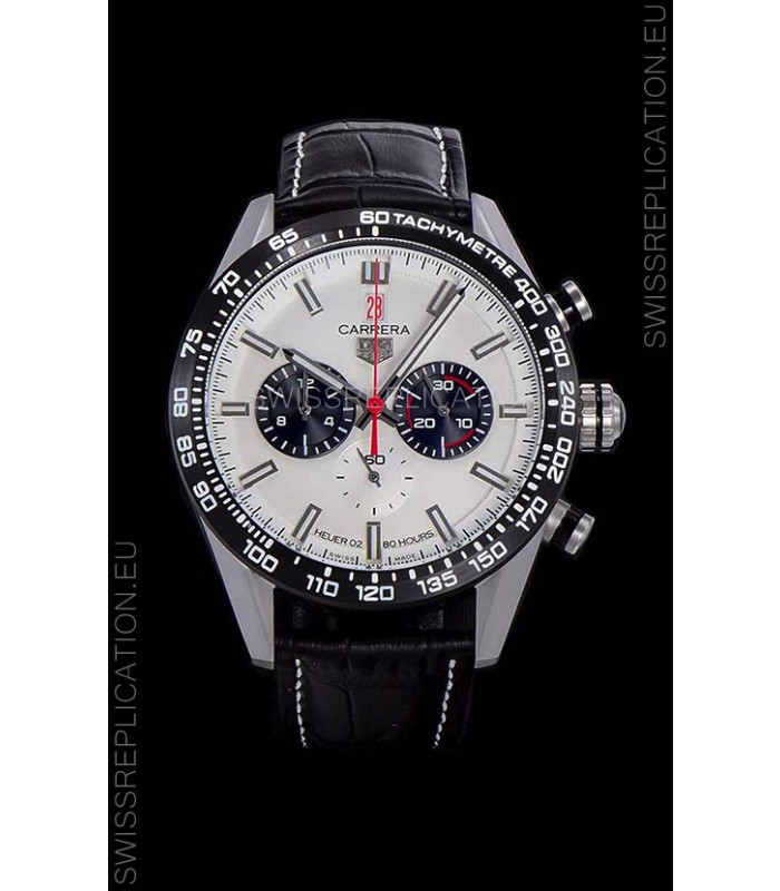 Tag Heuer Carrera Swiss Quartz Movement Replica Watch in White Dial - Black Leather Strap