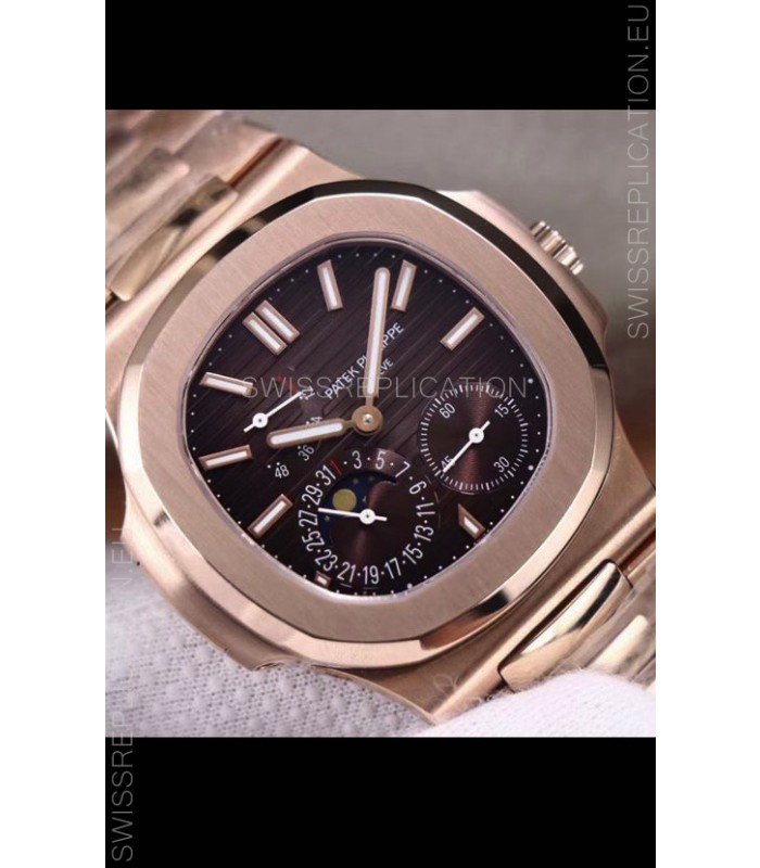 Patek Philippe Nautilus 5712/R 1:1 Quality Swiss Replica Watch in Brown Dial Gold Strap