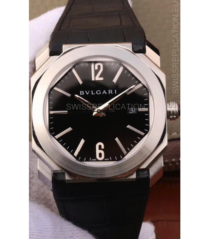 Bvlgari Octo Roma Edition 1:1 Mirror Replica in 904L Steel Casing - Black Dial Leather Strap