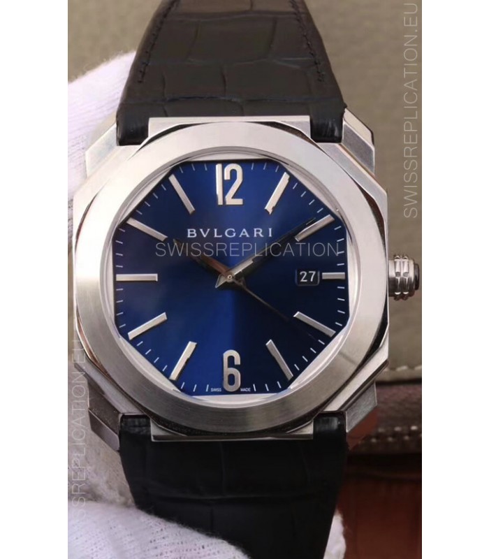 Bvlgari Octo Roma Edition 1:1 Mirror Replica in 904L Steel Casing - Deep Blue Dial Leather Strap