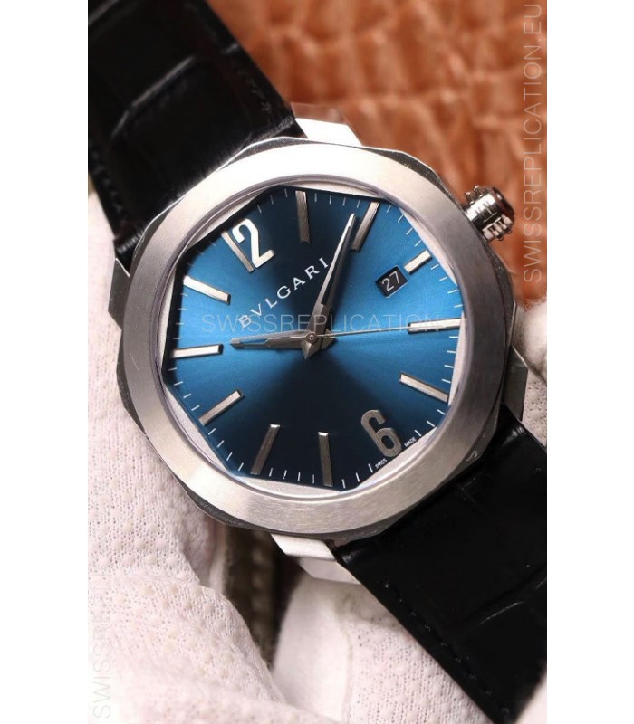 Bvlgari Octo Roma Edition 1:1 Mirror Replica in 904L Steel Casing - Steel Blue Dial Leather Strap