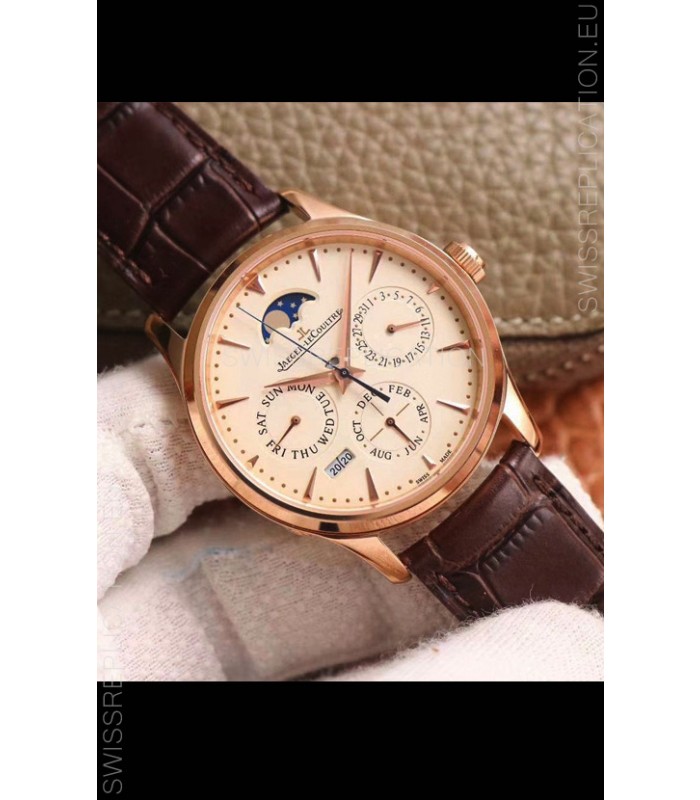 Jaeger LeCoultre Master Ultra-Thin Perpetual Calendar Pale Yellow Dial Swiss Replica Watch 