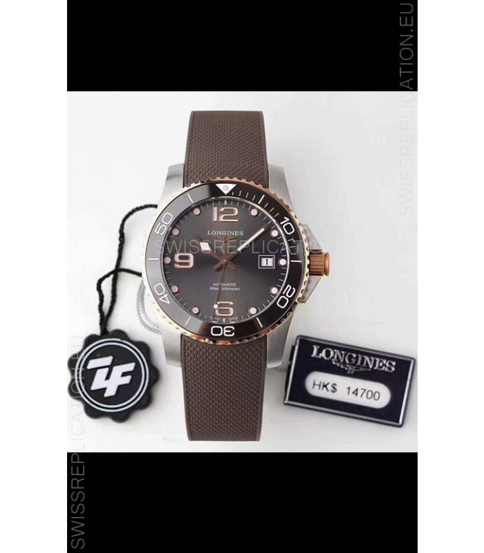 Longines HydroConquest 1:1 Swiss Replica Watch in Grey Dial Rubber Strap Rose Gold Bezel
