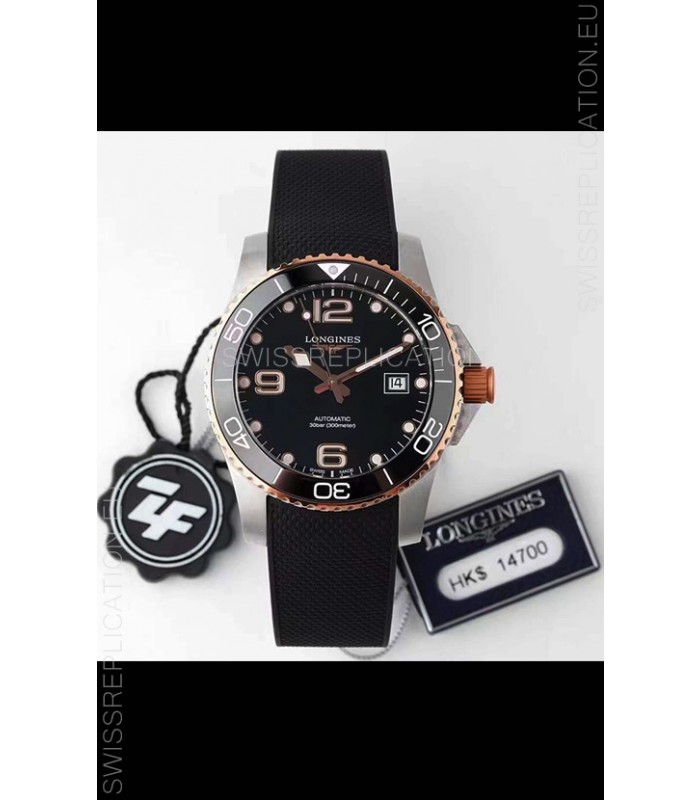 Longines HydroConquest 1:1 Swiss Replica Watch in Black Dial Rubber Strap Rose Gold Bezel
