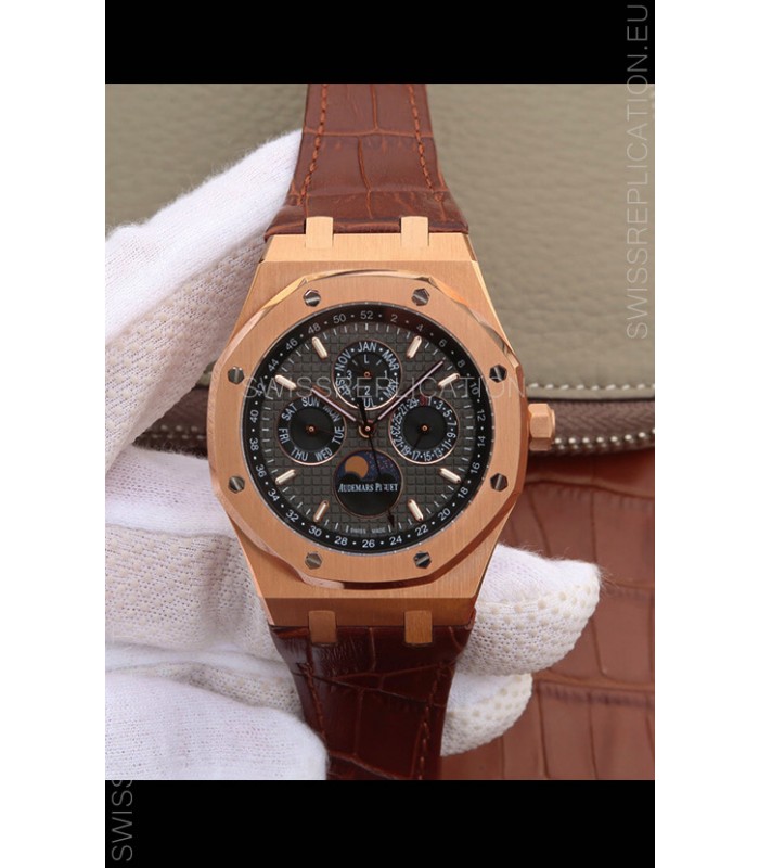 Audemars Piguet Royal Oak Perpetual Calendar Swiss Replica Rose Gold Casing Watch in Grey Dial