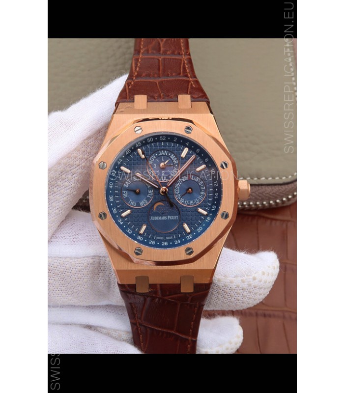 Audemars Piguet Royal Oak Perpetual Calendar Swiss Replica Rose Gold Casing Watch in Blue Dial
