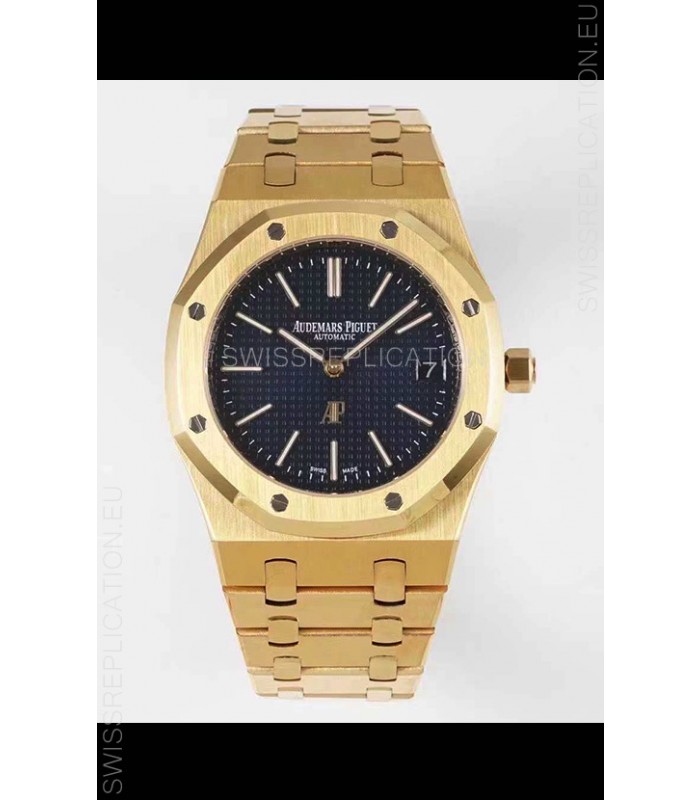 Audemars Piguet Royal Jumbo Oak Extra Thin Swiss Replica Yellow Gold - 1:1 Mirror Replica Watch Black Dial