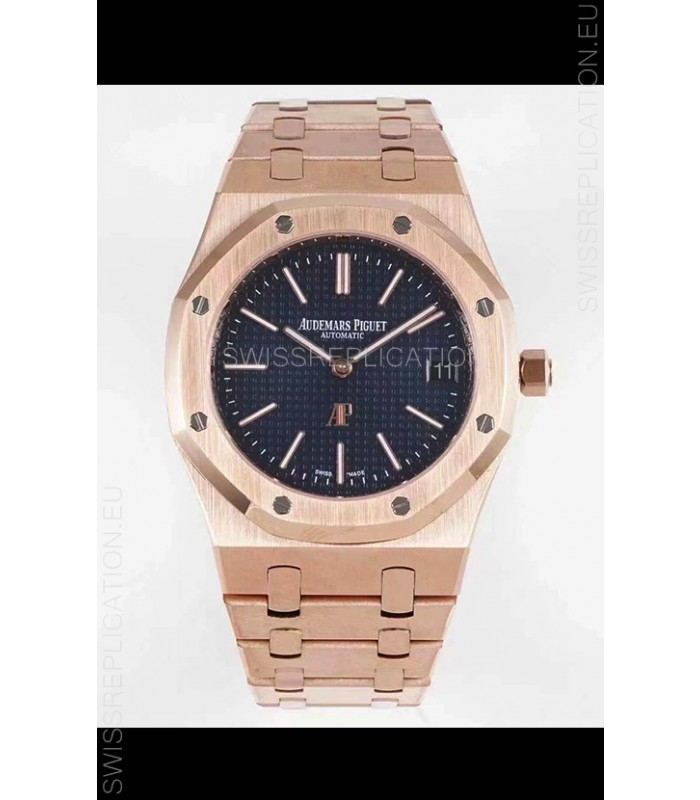 Audemars Piguet Royal Jumbo Oak Extra Thin Swiss Replica Rose Gold - 1:1 Mirror Replica Watch Blue Dial