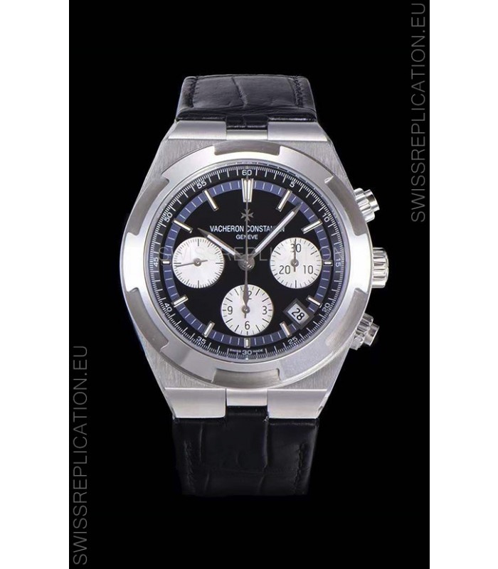 Vacheron Constantin Overseas Chronograph Black Dial Swiss Replica Watch - Leather Strap