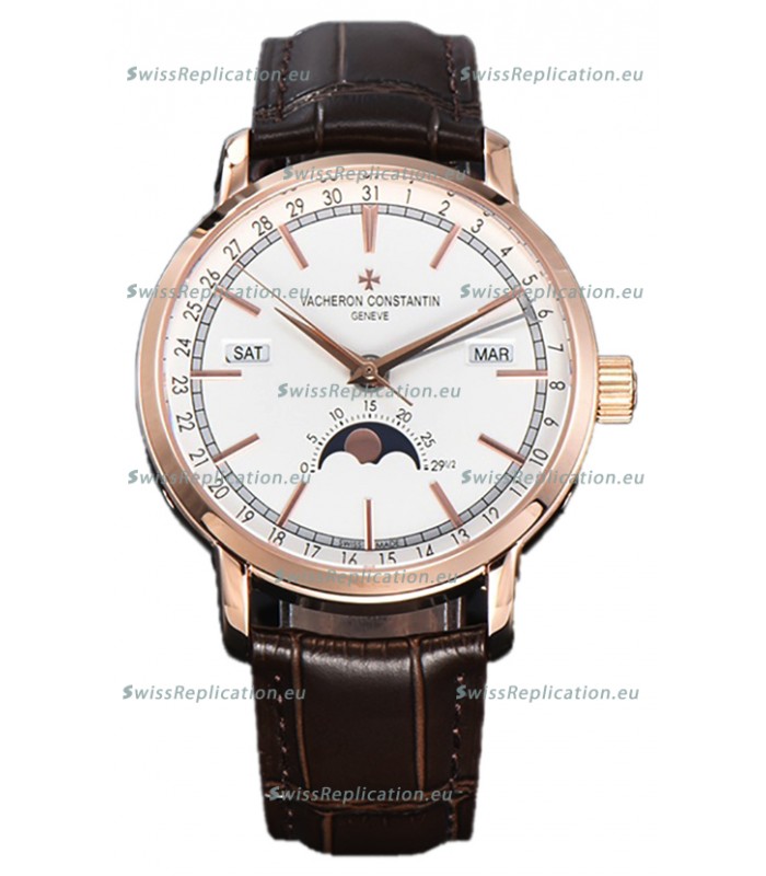 Vacheron Constantin Traditionelle Complete Calendar Rose Gold Plating White Dial Swiss Replica