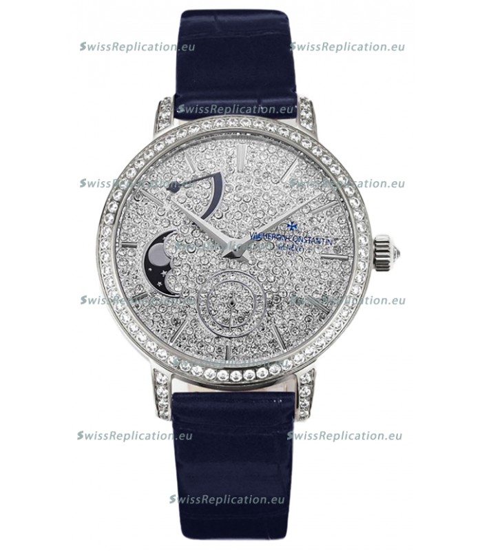 Vacheron Constantin Traditionelle Moon Phase Diamond Paved Dial in White Gold Swiss Replica